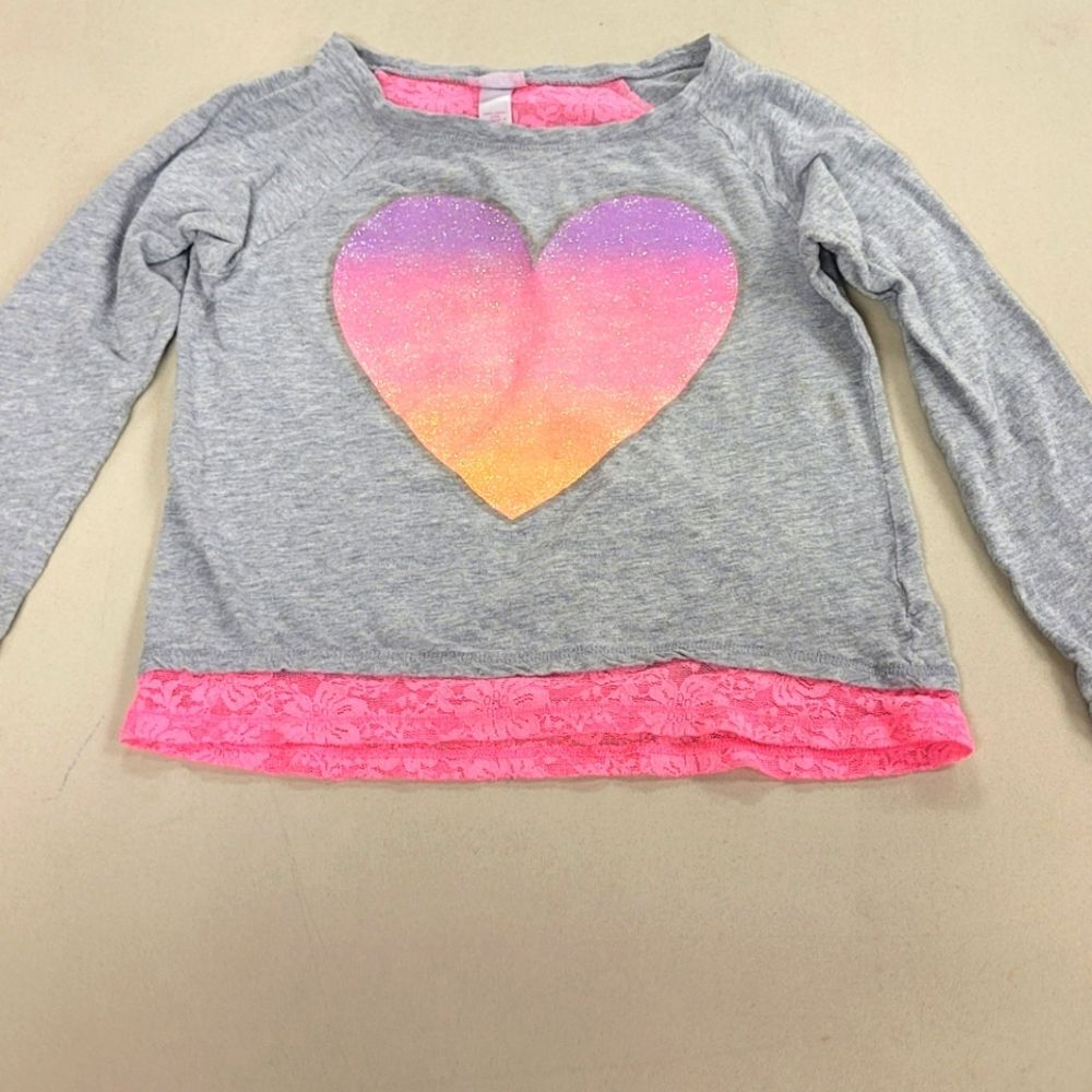 Justice Girls size 8 Long Sleeve Pink Lace Glitter Heart Tee Top